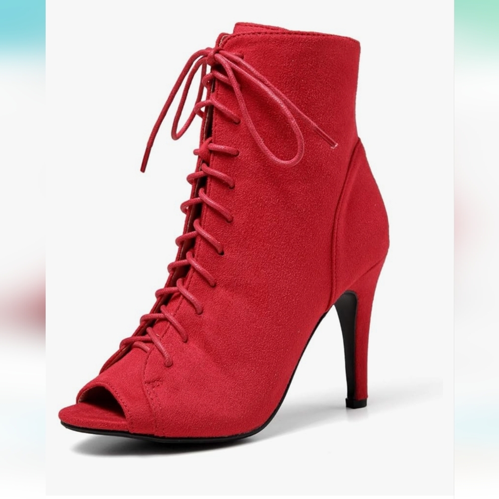 Red Lace-up Open Toe Booties